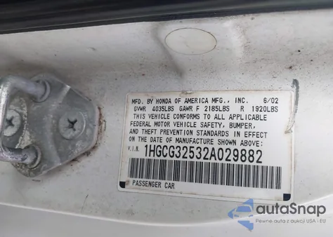 2002 Honda Accord 2.3 Ex z USA, uszkodzony, nr VIN 1HGCG32532A029882